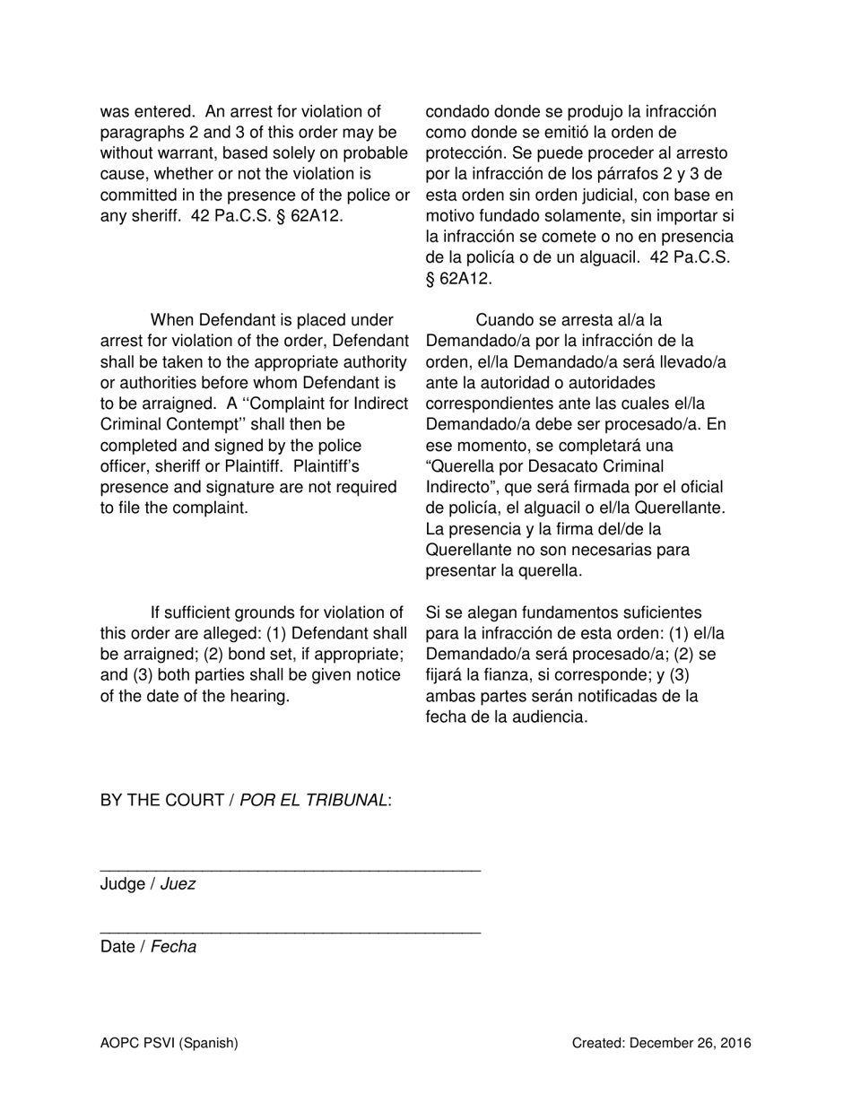 Final Order for Protection of Victims - Pennsylvania (English / Spanish), Page 6