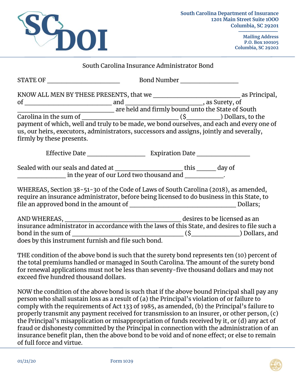 Form 1029 South Carolina Insurance Administrator Bond - South Carolina, Page 1