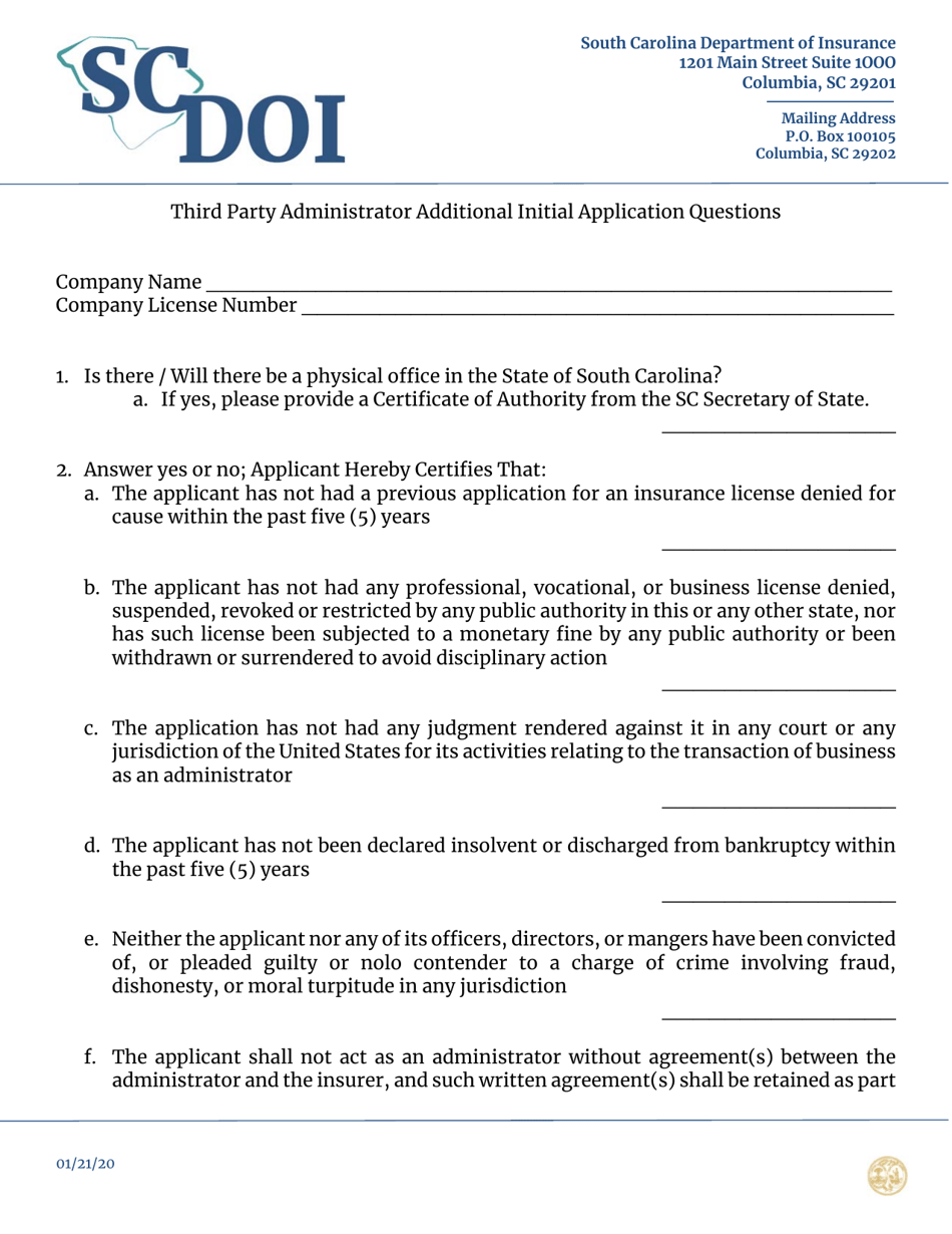 Third Party Administrator Additional Initial Application Questions - South Carolina, Page 1
