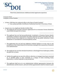 &quot;Third Party Administrator Additional Initial Application Questions&quot; - South Carolina