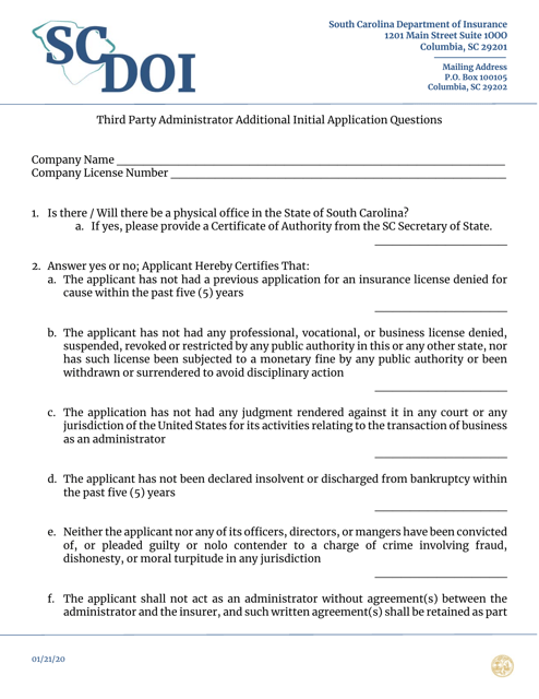 Third Party Administrator Additional Initial Application Questions - South Carolina Download Pdf