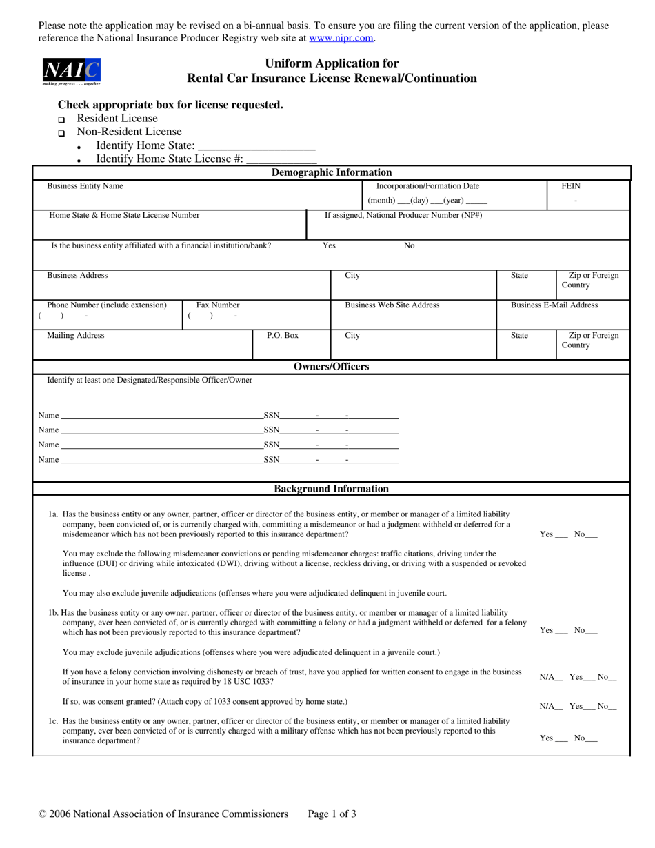 Uniform Application for Rental Car Insurance License Renewal / Continuation, Page 1