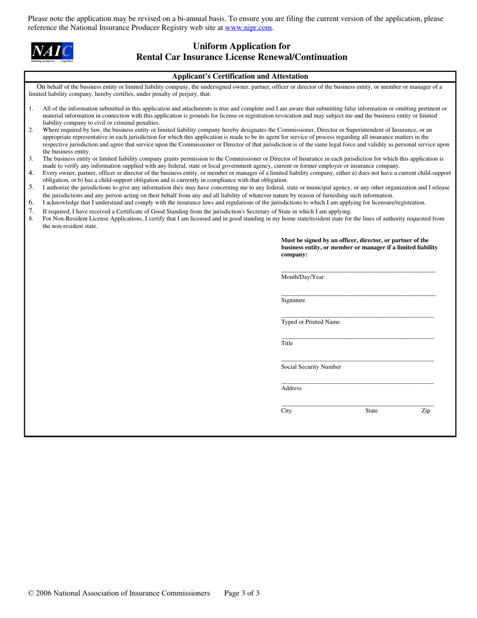 Uniform Application for Rental Car Insurance License Renewal / Continuation, Page 3