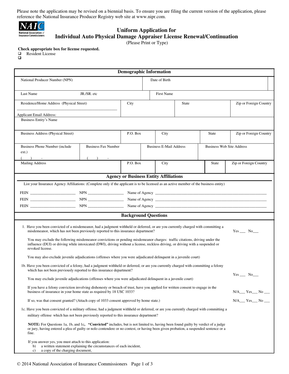 Uniform Application for Individual Auto Physical Damage Appraiser License Renewal / Continuation, Page 1