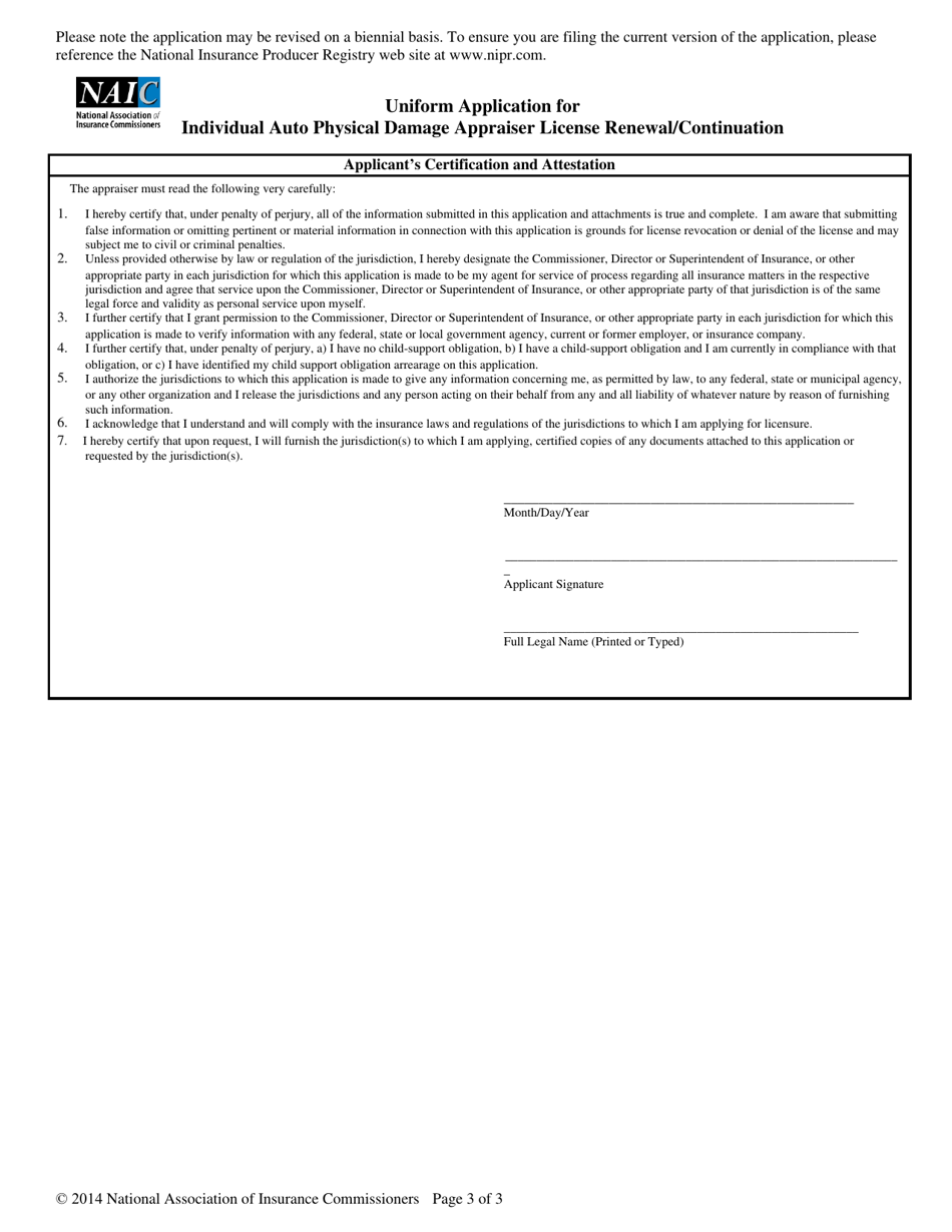 Uniform Application for Individual Auto Physical Damage Appraiser License Renewal / Continuation, Page 3