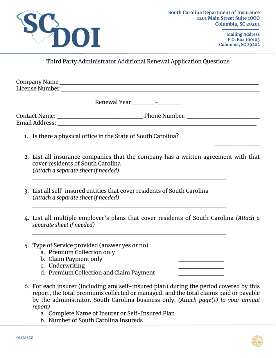 Third Party Administrator Additional Renewal Application Questions - South Carolina, Page 1
