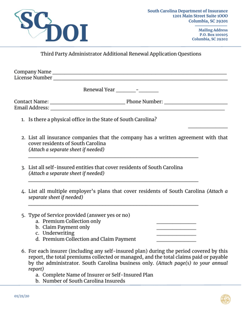 Third Party Administrator Additional Renewal Application Questions - South Carolina Download Pdf