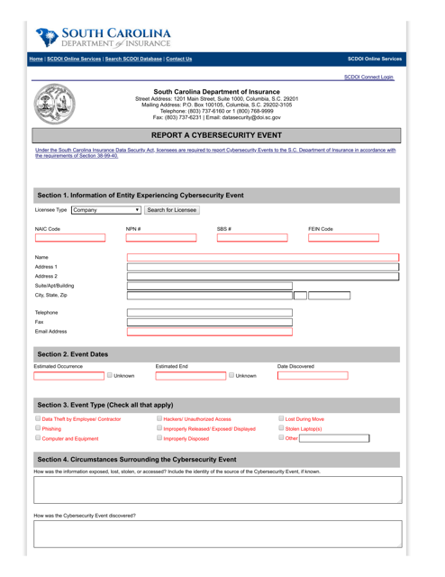Cybersecurity Event Reporting Form - South Carolina Download Pdf
