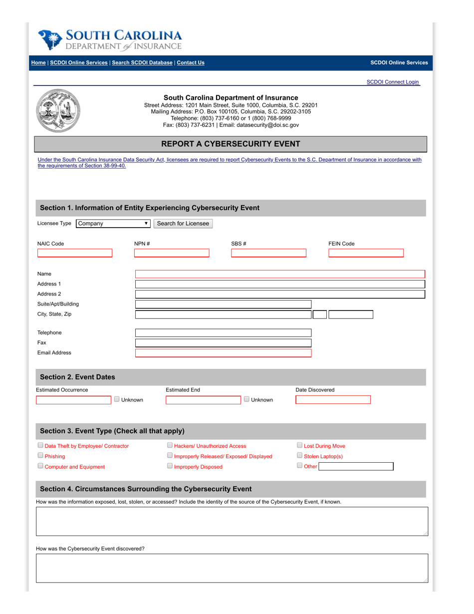 Cybersecurity Event Reporting Form - South Carolina, Page 1