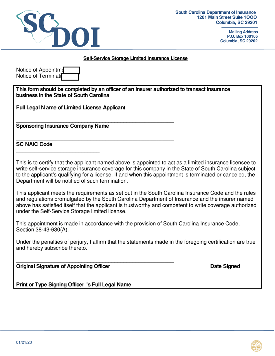 Self-service Storage Limited Insurance License Appointment / Termination Form - South Carolina, Page 1