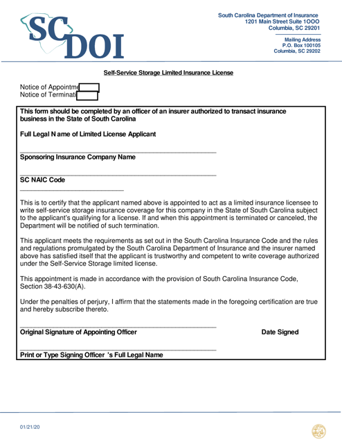 Self-service Storage Limited Insurance License Appointment / Termination Form - South Carolina Download Pdf