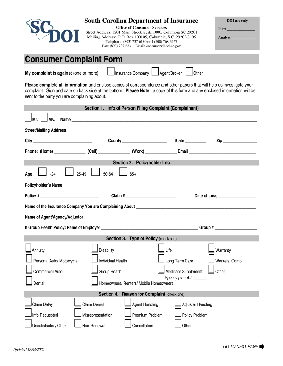 Consumer Complaint Form - South Carolina, Page 1