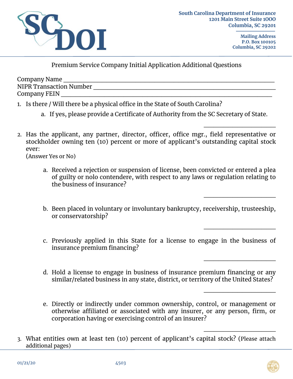 Premium Service Company Initial Application Additional Questions - South Carolina, Page 1