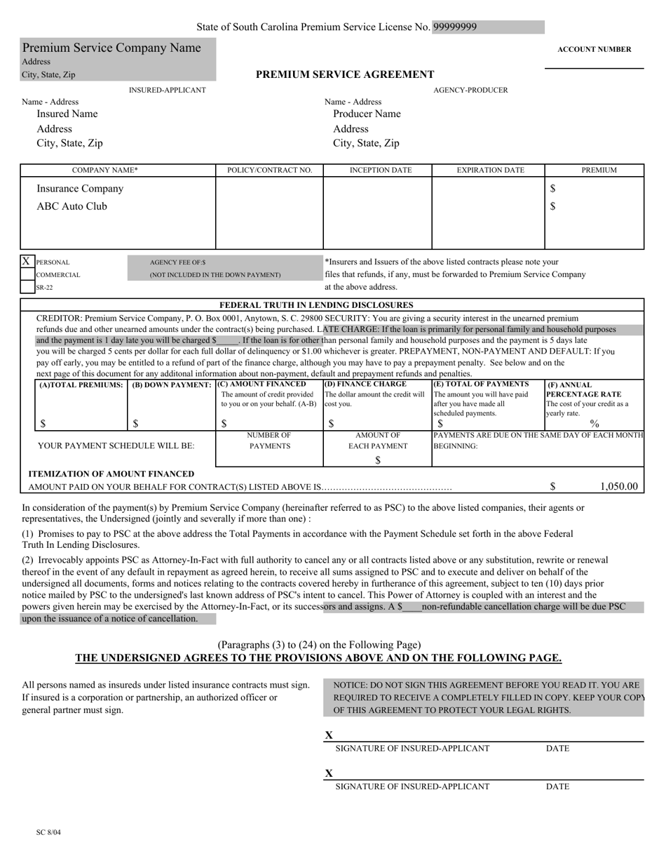 Premium Service Agreement - Example - South Carolina, Page 1