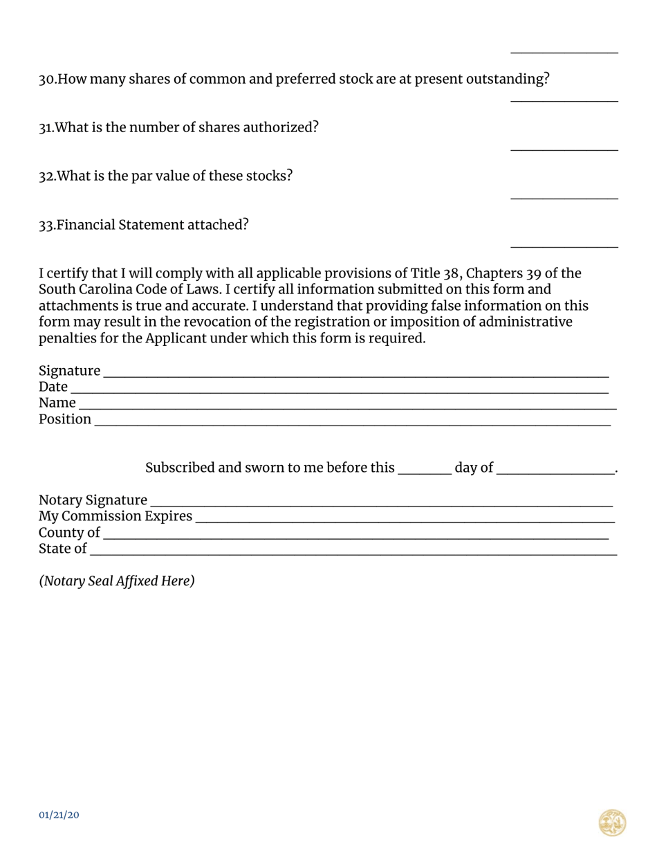 Premium Service Company Renewal Application Additional Questions - South Carolina, Page 4