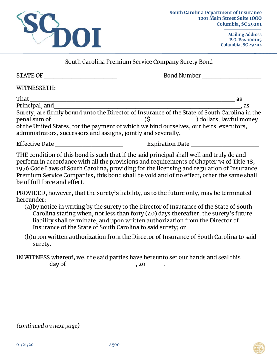 South Carolina South Carolina Premium Service Company Surety Bond