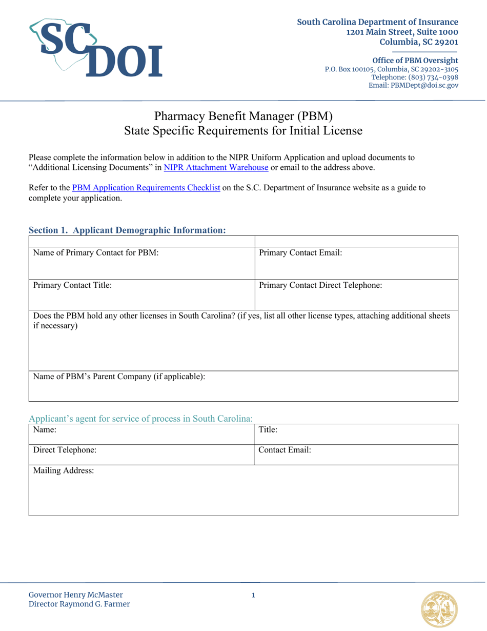 Pharmacy Benefit Manager (Pbm) State Specific Requirements for Initial License - South Carolina, Page 1