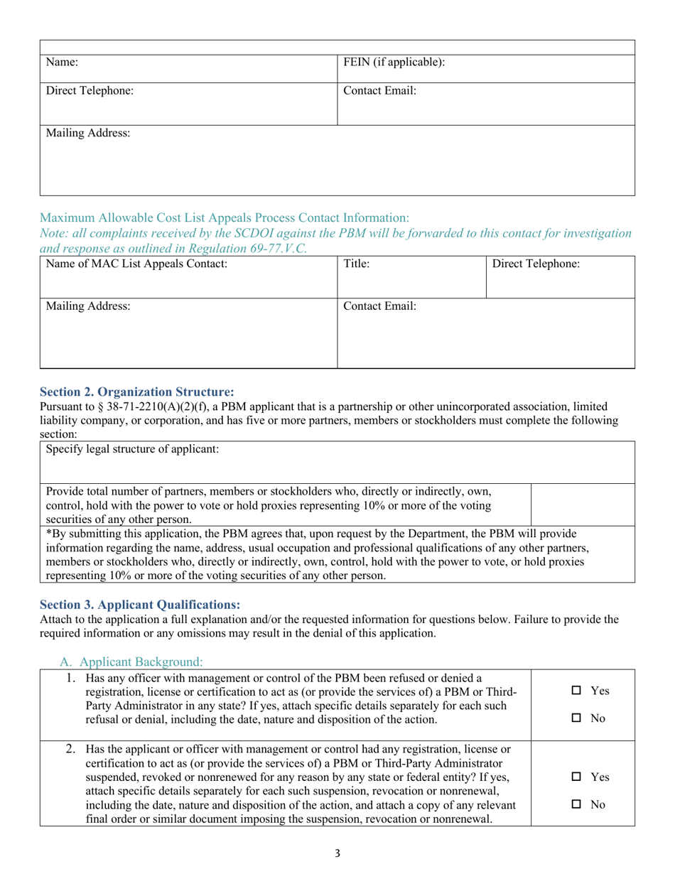 Pharmacy Benefit Manager (Pbm) State Specific Requirements for Initial License - South Carolina, Page 3