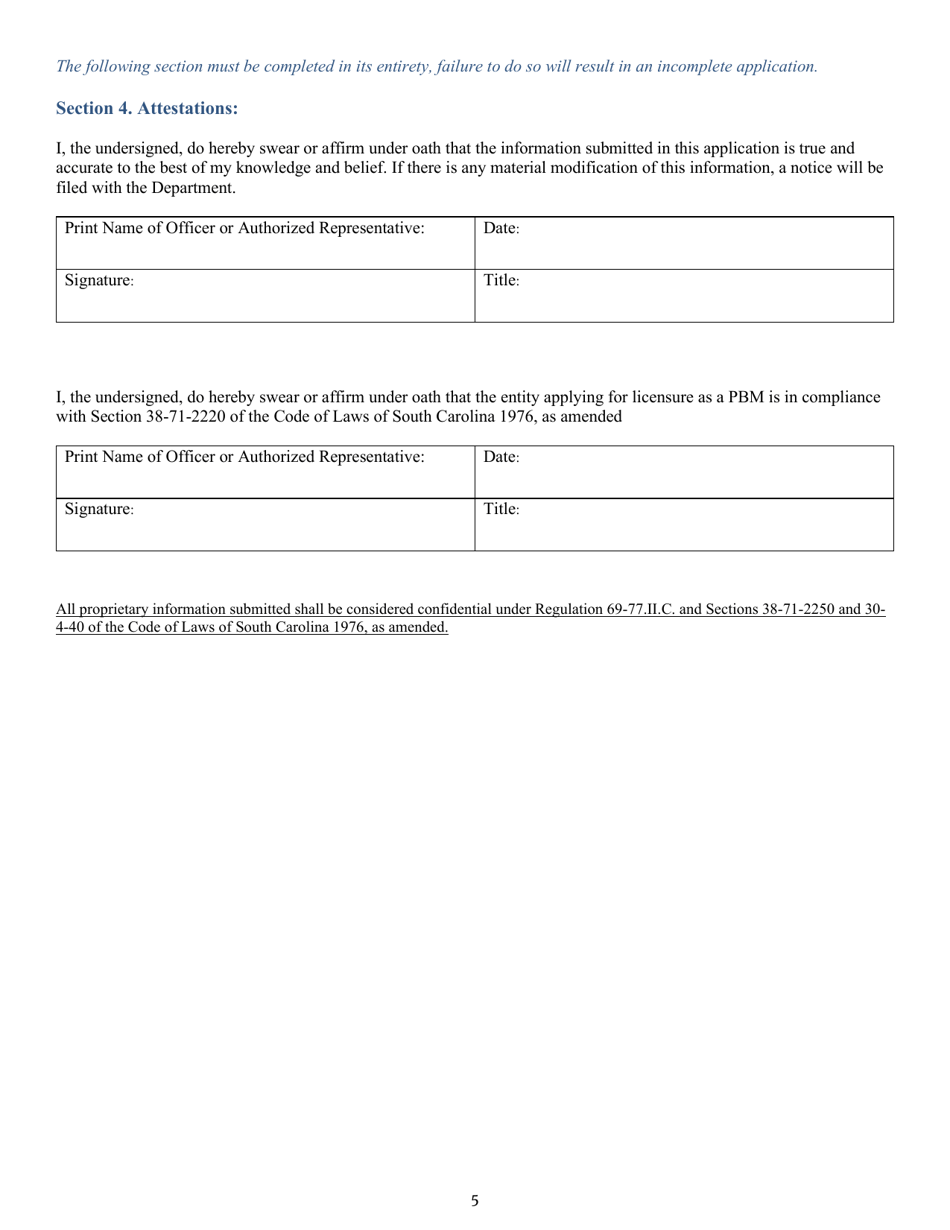 Pharmacy Benefit Manager (Pbm) State Specific Requirements for Initial License - South Carolina, Page 5