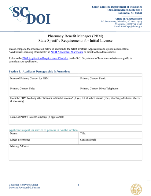 Pharmacy Benefit Manager (Pbm) State Specific Requirements for Initial License - South Carolina Download Pdf