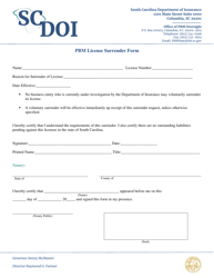 Document preview: Pbm License Surrender Form - South Carolina