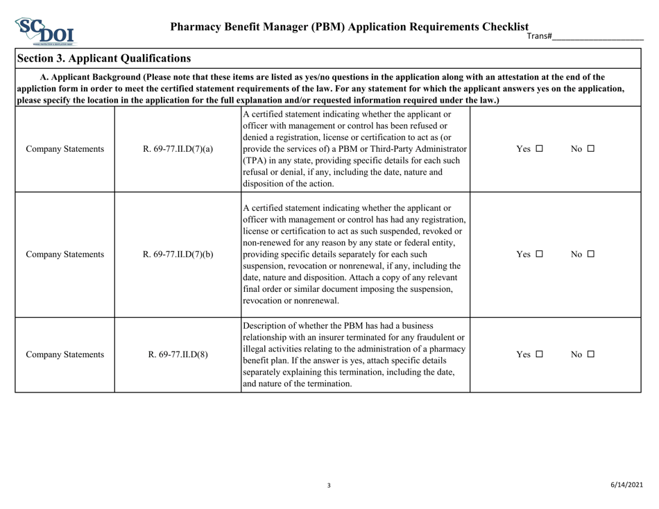 Pharmacy Benefit Manager (Pbm) Application Requirements Checklist - South Carolina, Page 3