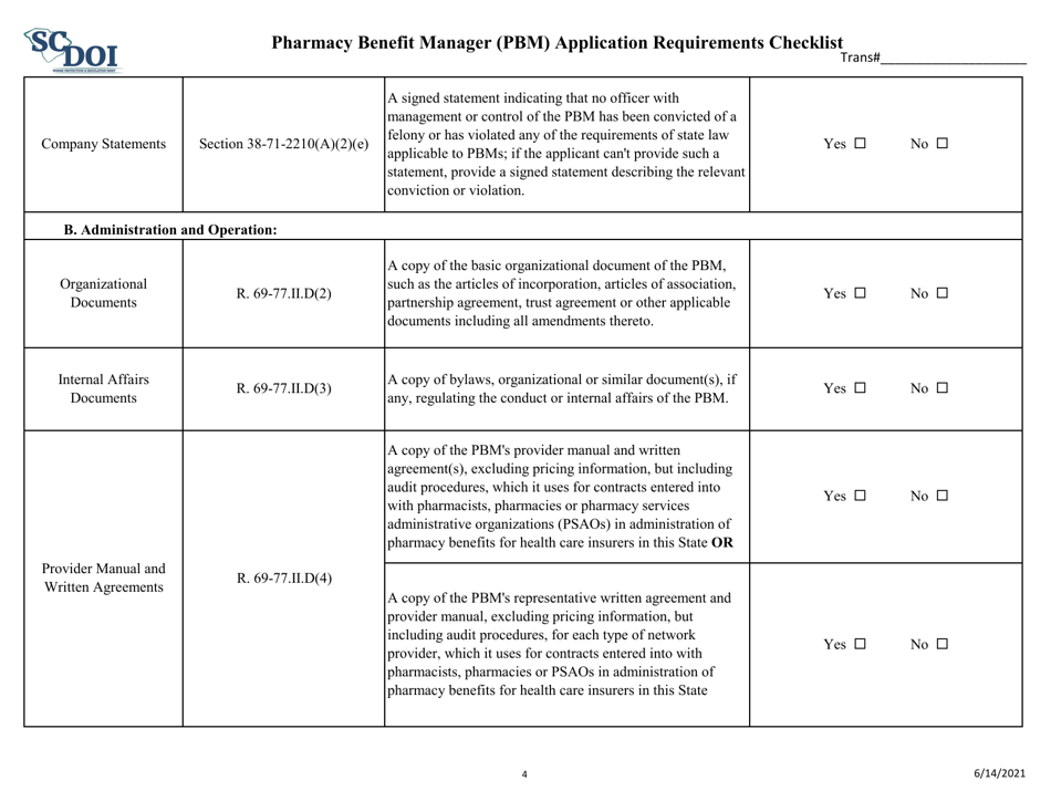 Pharmacy Benefit Manager (Pbm) Application Requirements Checklist - South Carolina, Page 4