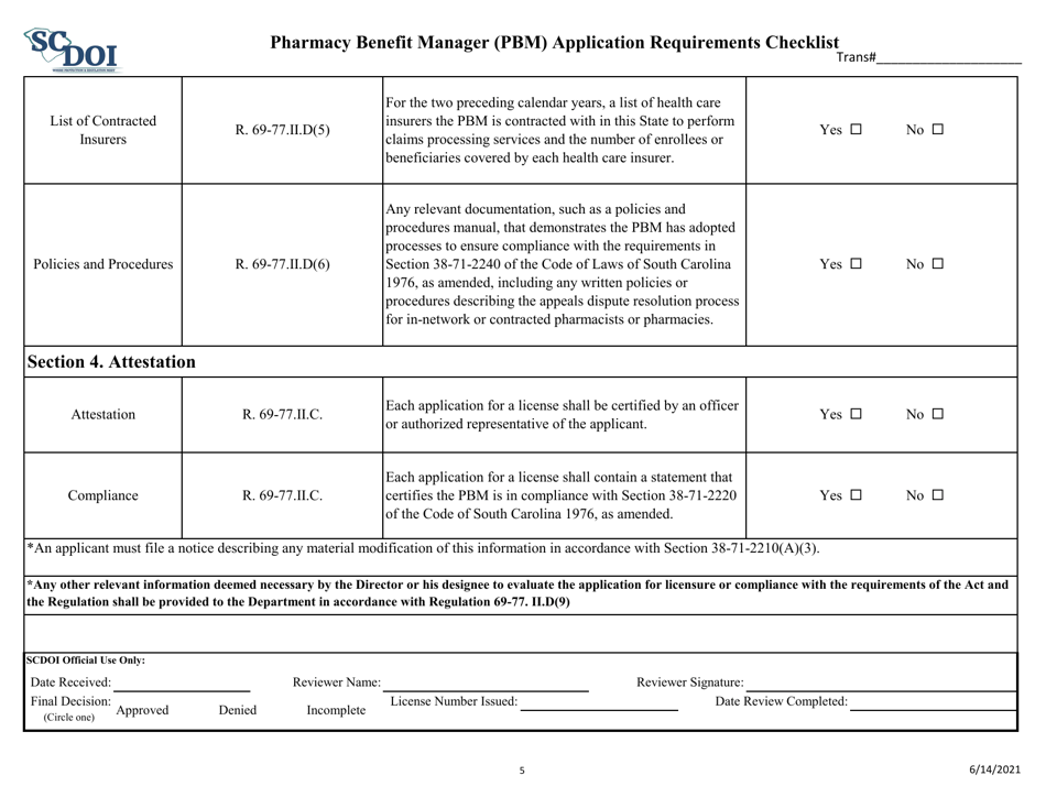 Pharmacy Benefit Manager (Pbm) Application Requirements Checklist - South Carolina, Page 5