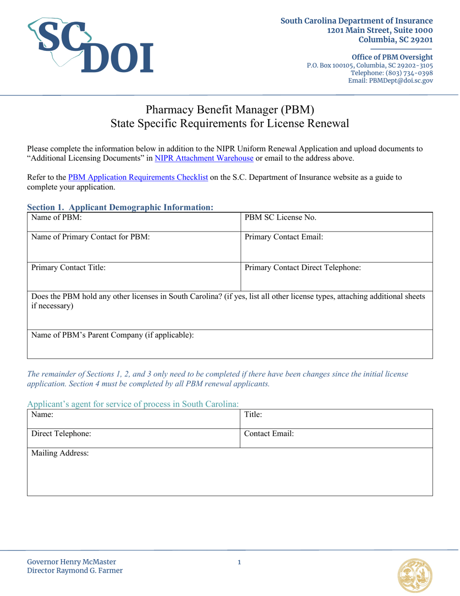 South Carolina Pharmacy Benefit Manager (Pbm) State Specific Requirements for License Renewal