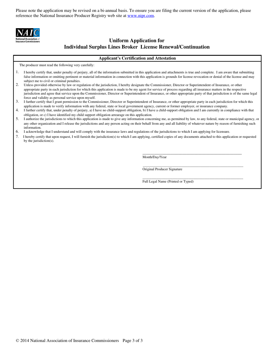 Uniform Application for Individual Surplus Lines Broker License Renewal / Continuation, Page 3