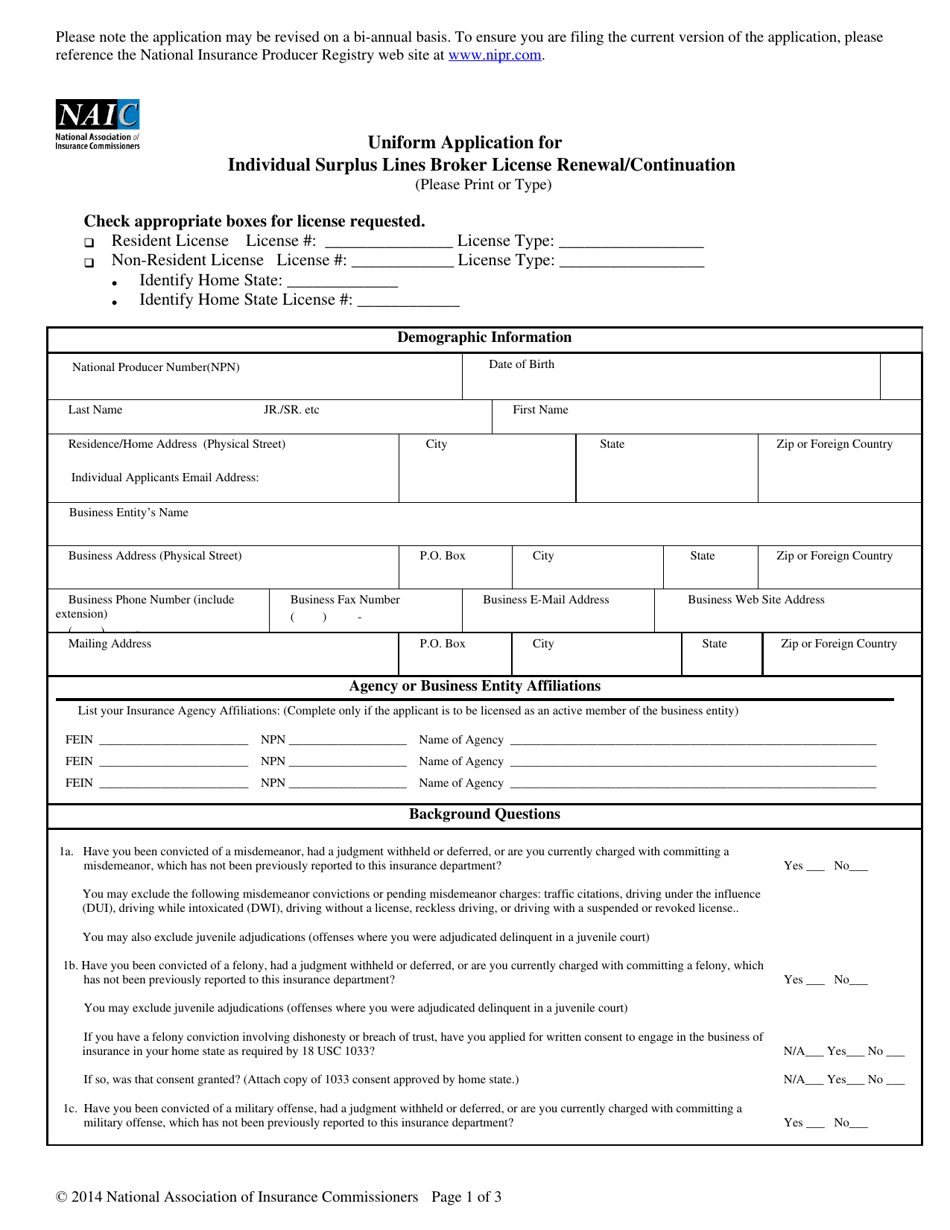 Uniform Application for Individual Surplus Lines Broker License Renewal