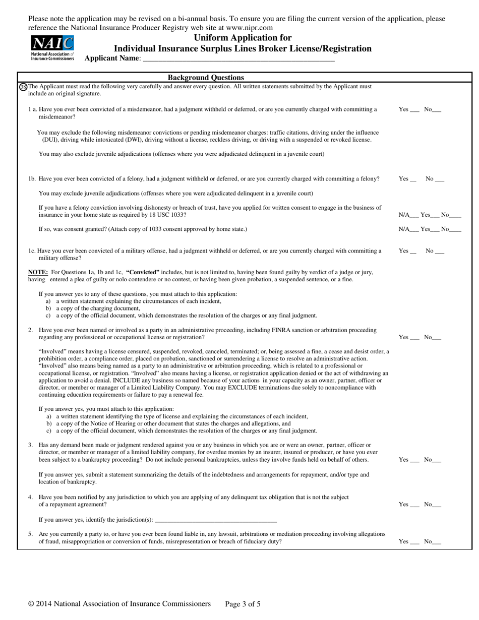 Uniform Application for Individual Surplus Lines Broker License / Registration, Page 3