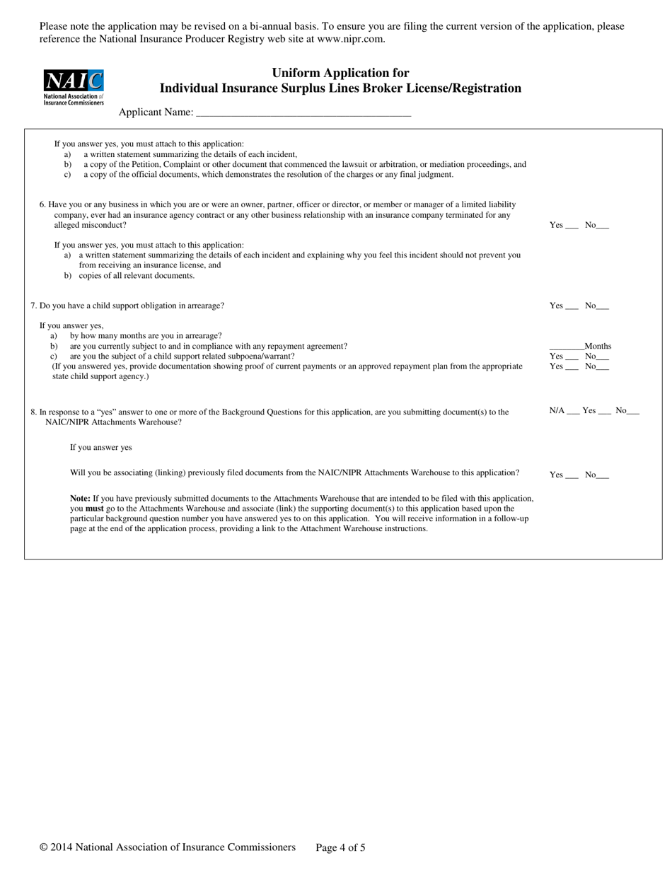 Uniform Application for Individual Surplus Lines Broker License / Registration, Page 4