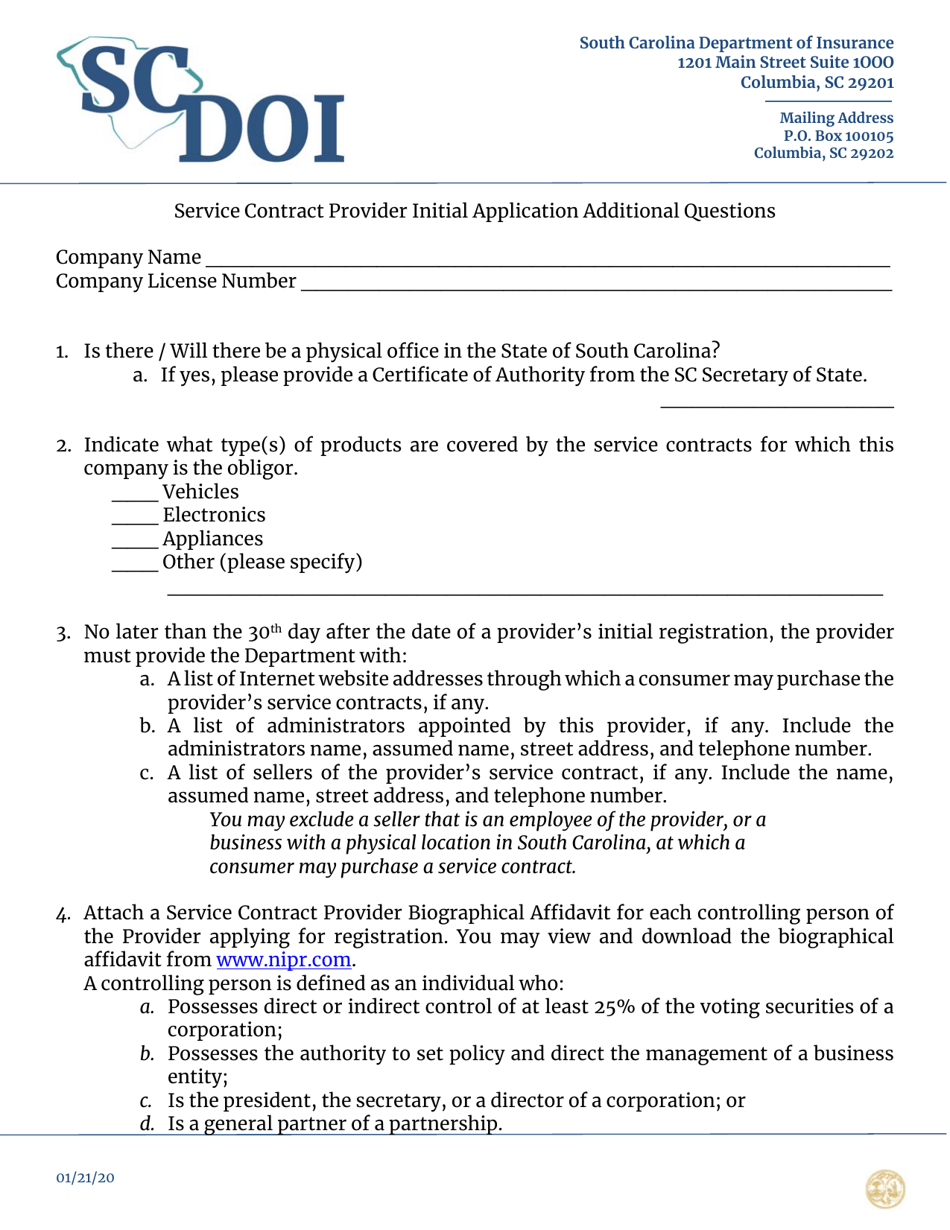 Service Contract Provider Initial Application Additional Questions - South Carolina, Page 1