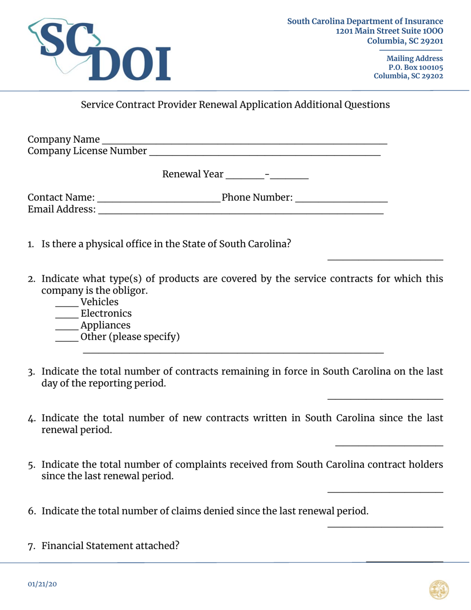 Service Contract Provider Renewal Application Additional Questions - South Carolina, Page 1