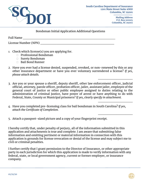 Bondsman Initial Application Additional Questions - South Carolina Download Pdf