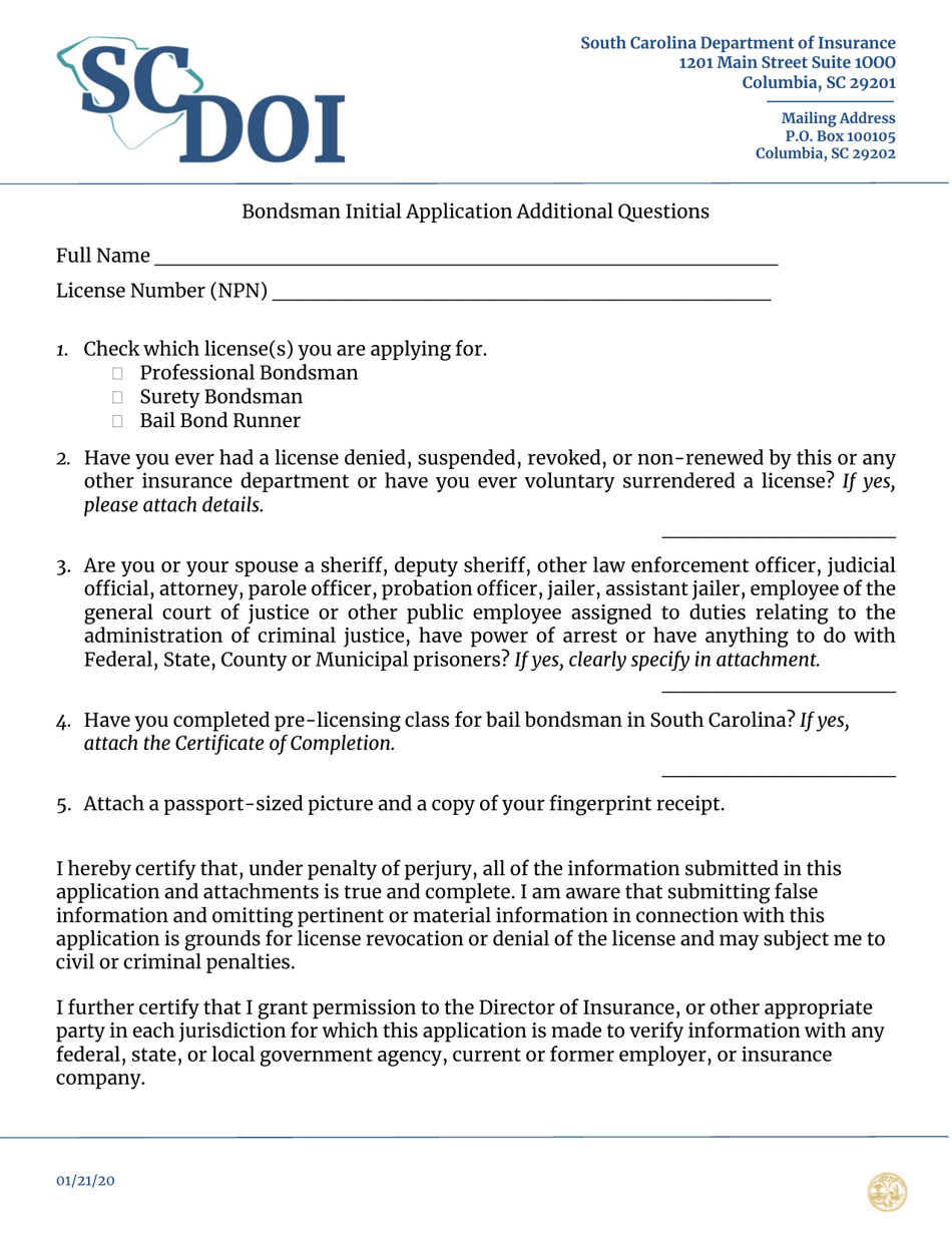 Bondsman Initial Application Additional Questions - South Carolina, Page 1