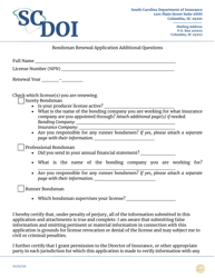 Document preview: Bondsman Renewal Application Additional Questions - South Carolina