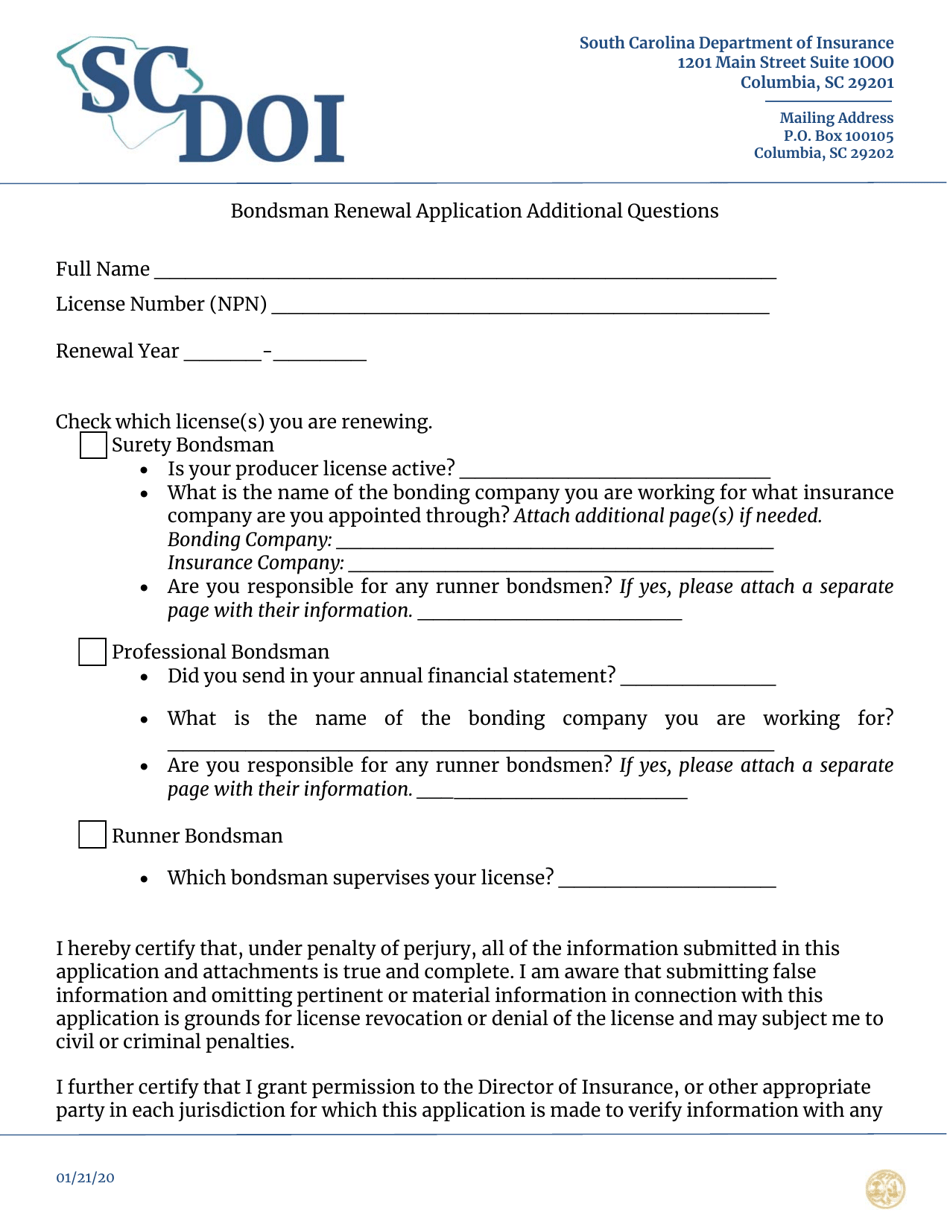 Bondsman Renewal Application Additional Questions - South Carolina, Page 1