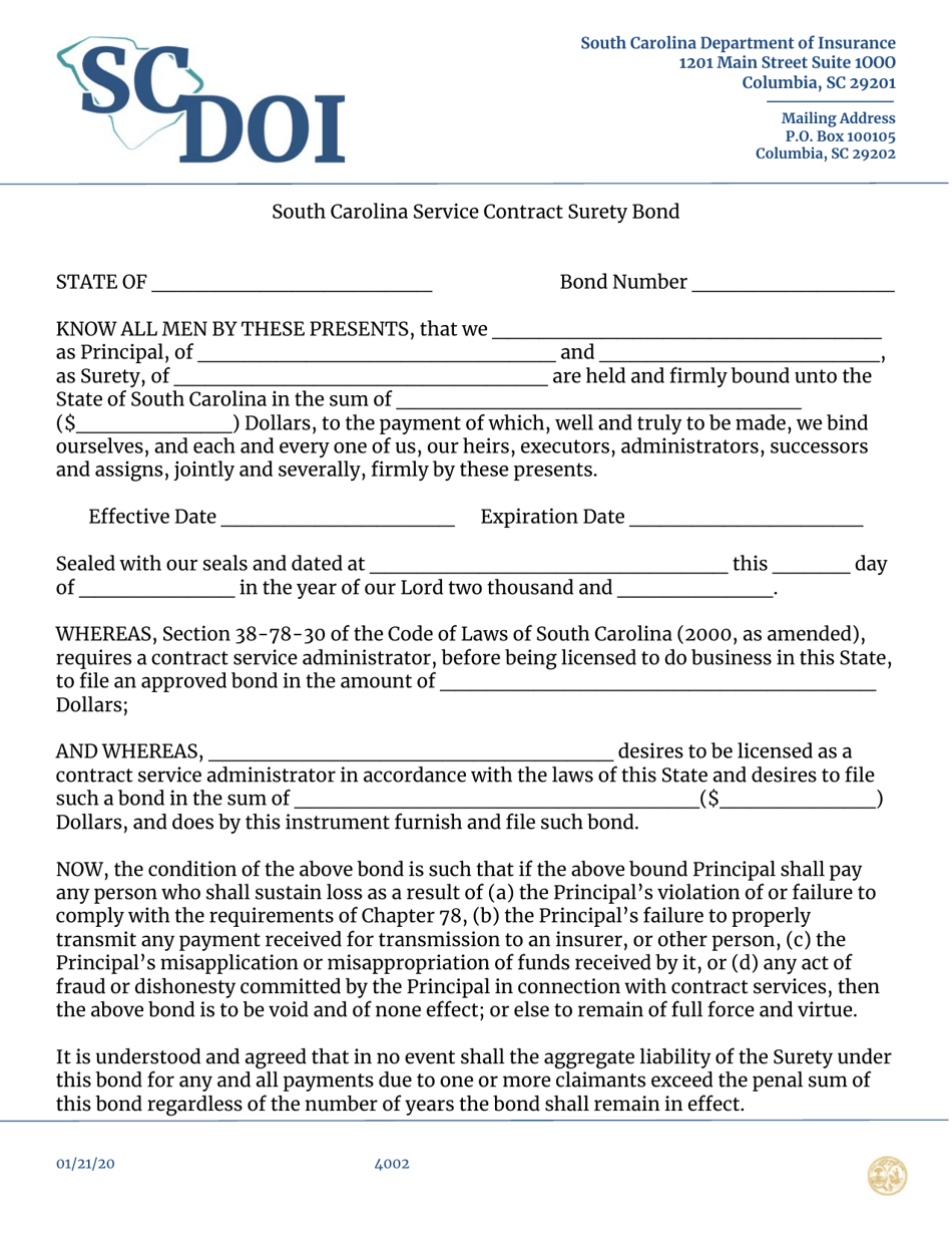 South Carolina Service Contract Surety Bond - South Carolina, Page 1