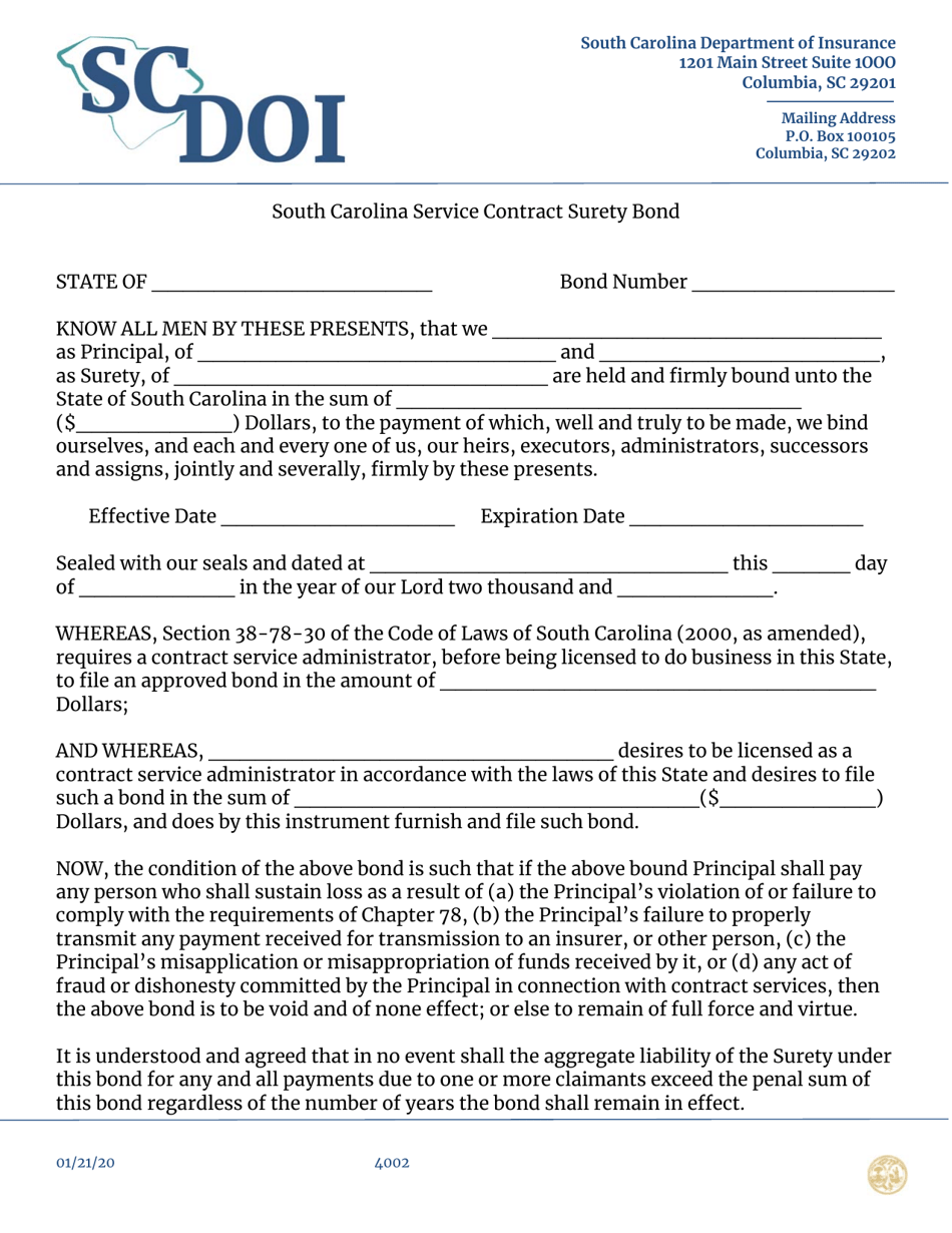 South Carolina South Carolina Service Contract Surety Bond Fill Out, Sign Online and Download
