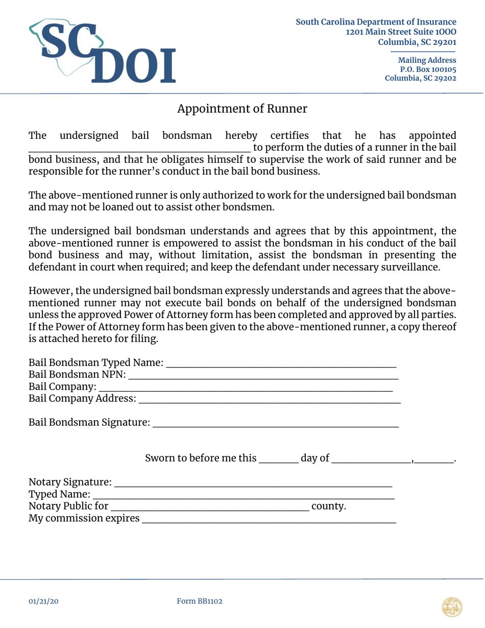 Form BB1102 Appointment of Runner - South Carolina, Page 1