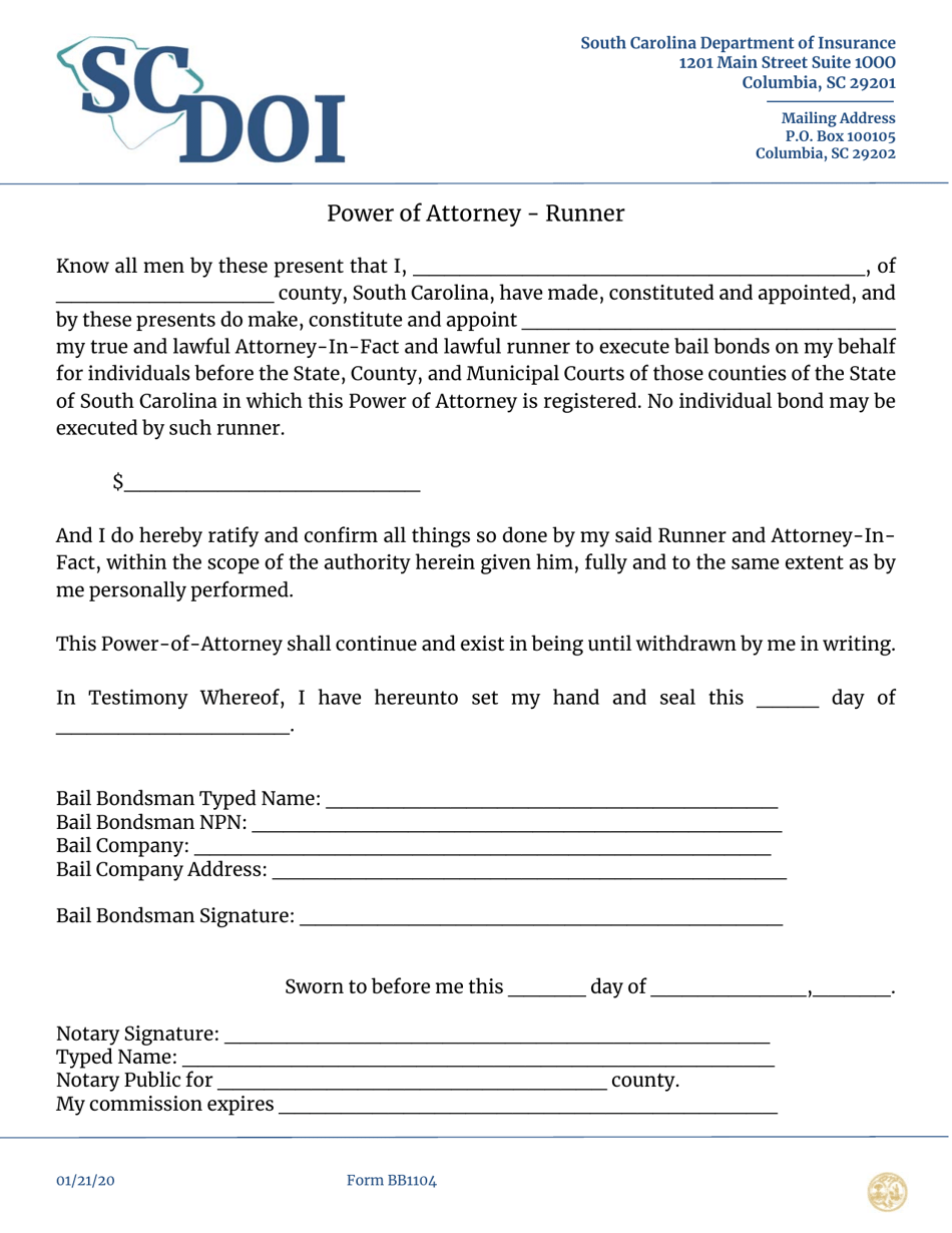Form BB1104 Power of Attorney - Runner - South Carolina, Page 1