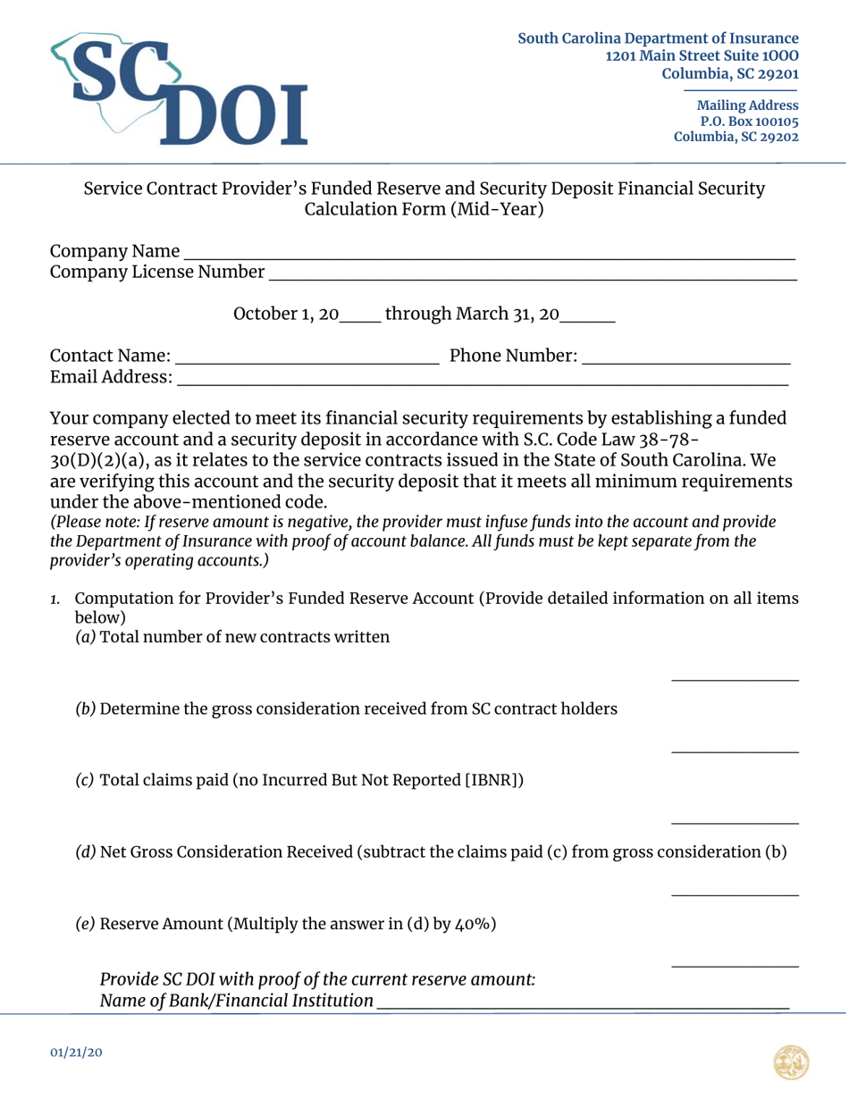 Service Contract Providers Funded Reserve and Security Deposit Financial Security Calculation Form (Mid-year) - South Carolina, Page 1