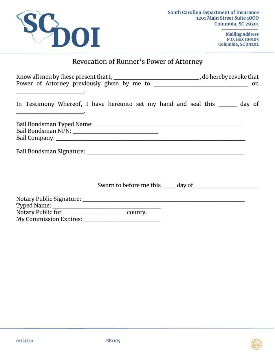 Form BB1105 Revocation of Runners Power of Attorney - South Carolina, Page 1