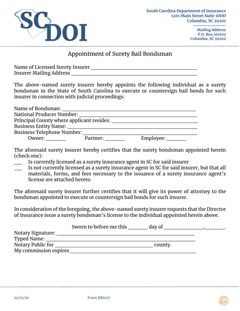 Form BB1107 Appointment of Surety Bail Bondsman - South Carolina