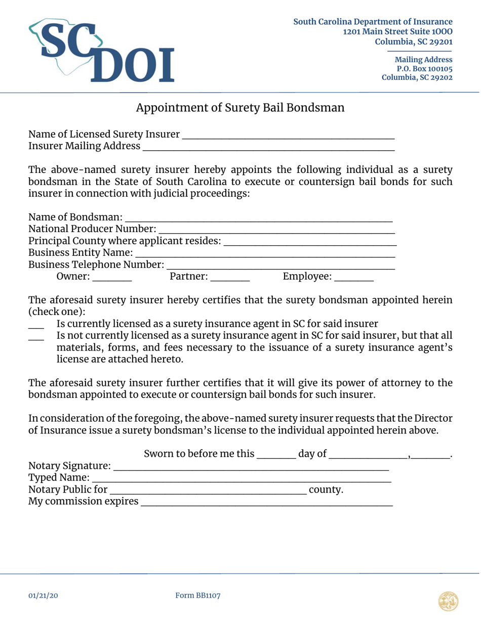 Form BB1107 Appointment of Surety Bail Bondsman - South Carolina, Page 1