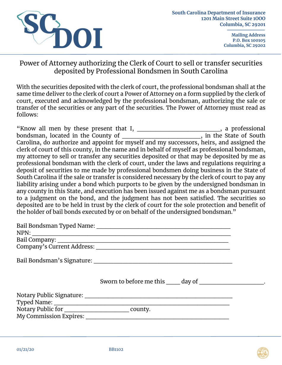 Form BB1102 Power of Attorney Authorizing the Clerk of Court to Sell or Transfer Securities Deposited by Professional Bondsmen in South Carolina - South Carolina, Page 1