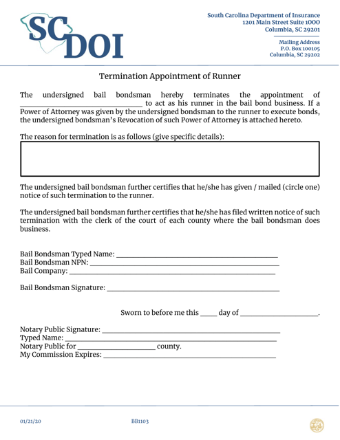 Form BB1103 Termination Appointment of Runner - South Carolina