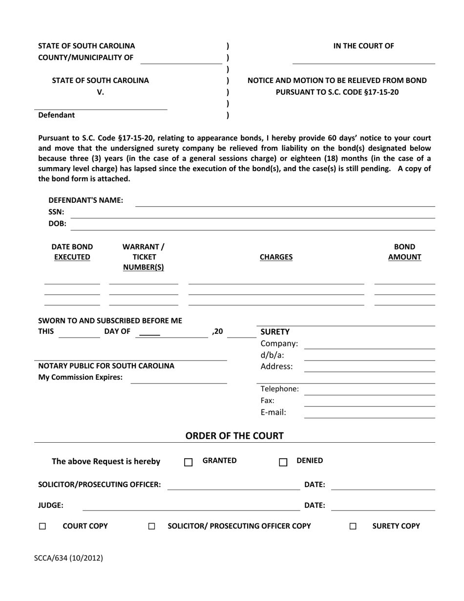 Form SCCA/634 Notice and Motion to Be Relieved From Bond - South Carolina, Page 1
